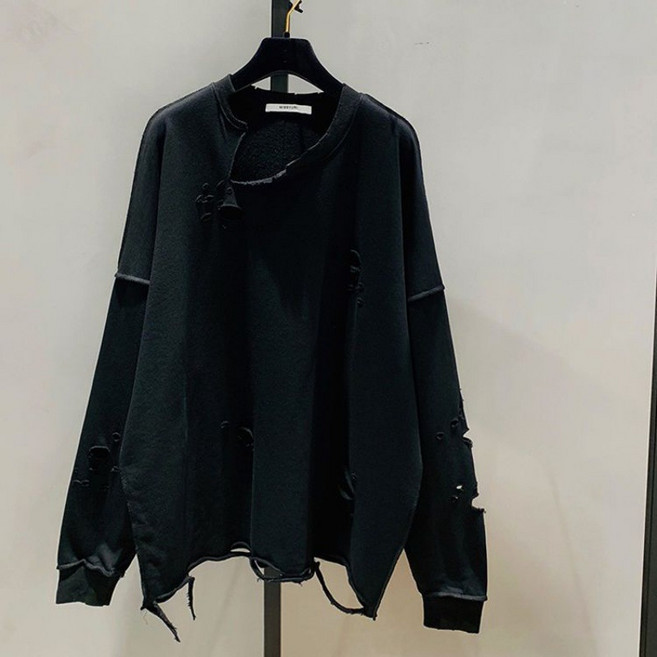 HANLIN 봄여름 여성 맨투맨 오버핏 빅사이즈 라운드 찢어진 긴팔 티셔츠