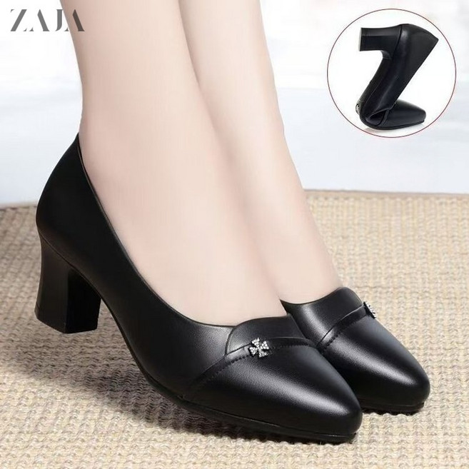 ZAJA 여성 봄가을 발편한 가죽 얕은 구두 엄마 직장인 4cm