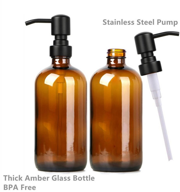 검정색 펌프가 있는 주방 프리미엄 유리 액체 핸드 리필형 호박색 욕실용 접시 2PCS 500ML 디스펜서 비누 16OZ, black pump