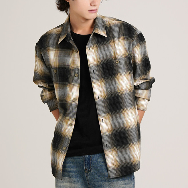 벨로시티 남녀공용 체크 셔츠 오버핏 봄 남방 더블포켓 캐주얼