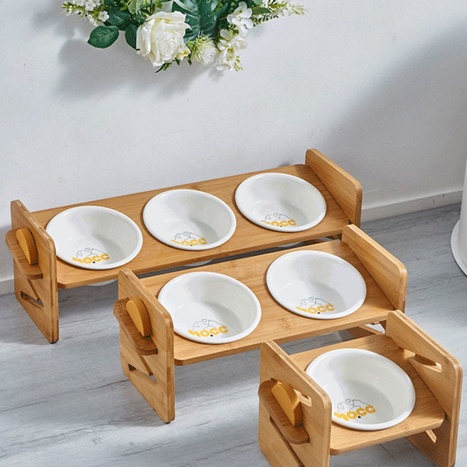 강아지 고양이 식기 식탁 세트 세라믹 원목 우드 높이조절, 1세트, 도자기 3구