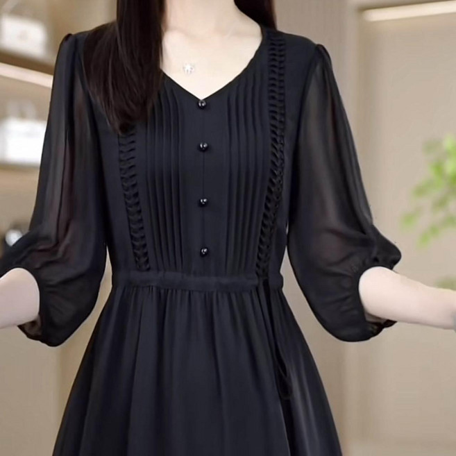 블랙 원피스 큰사이즈 5XL 엄마생일선물 결혼식복장 봄 가을원피스 상견례룩 40대 50대 60대, XL 60.0-67.5kg