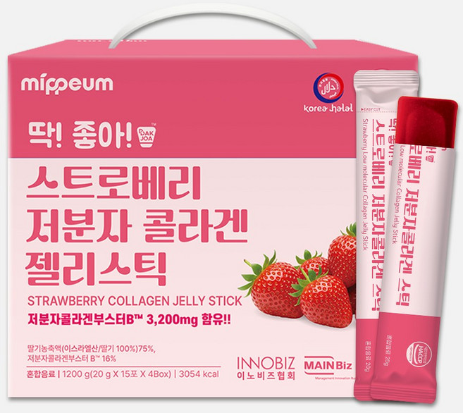 딱좋아 할랄인증 스트로베리 저분자 콜라겐 젤리스틱 60포, 240개, 20g