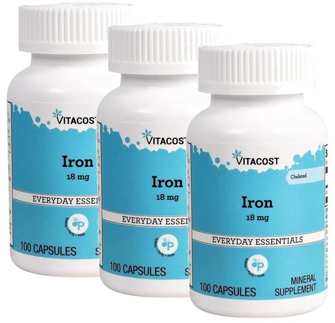 비타코스트 킬레이트 철분 18mg 캡슐 Vitacost Chelated Iron, 3개, 100정 - 쿠팡