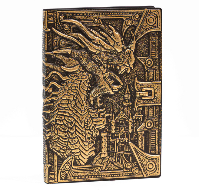 히어로피플 프리미엄 3D 고대 빈티지 입체 전설 드래곤 일기장 양장 다이어리 노트, 골드