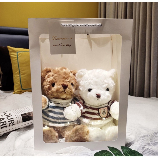 Bear Baby 浪漫燈串生日禮物 溫馨燈光柔軟舒適, A(奶油熊+白熊) 條紋款, 1套, 30cm