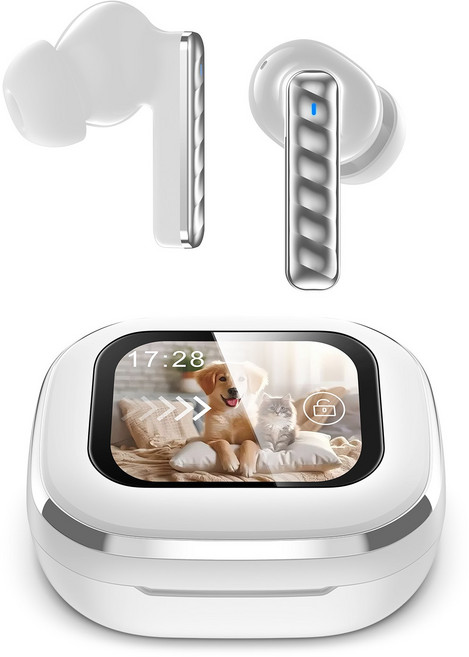 TRYSEEK 노이즈캔슬링 무선 블루투스 이어폰 터치스크린 LCD디스플레이 ANC 커널형 인이어, 화이트, T22