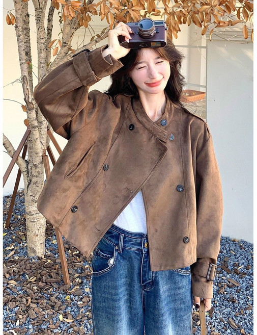 봄 가을 여성 스웨이드 자켓 루즈핏 더블 버튼 빈티지 숏 자켓 아우터 JS