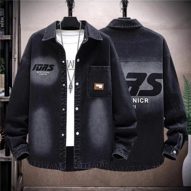 녕동 남성 데님 자켓 봄가을 얇은 루즈핏 레터링 프린트 패션 캐주얼 청셔츠