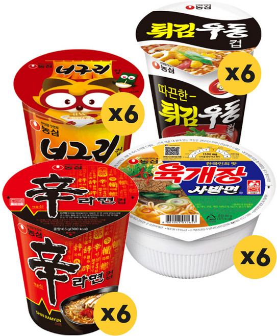 Only 국물 컵라면 4종세트 (신라면6/육개장6/너구리6/튀김우동6) 작은컵 24입