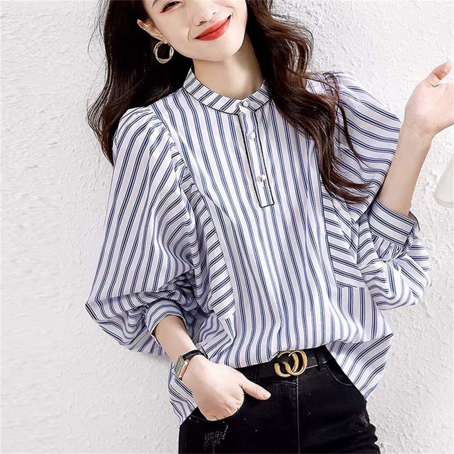 TKX 스트라이프 패턴 여성용 긴팔 블라우스 봄 가을 카쥬얼 라운드 셔츠 빅사이즈
