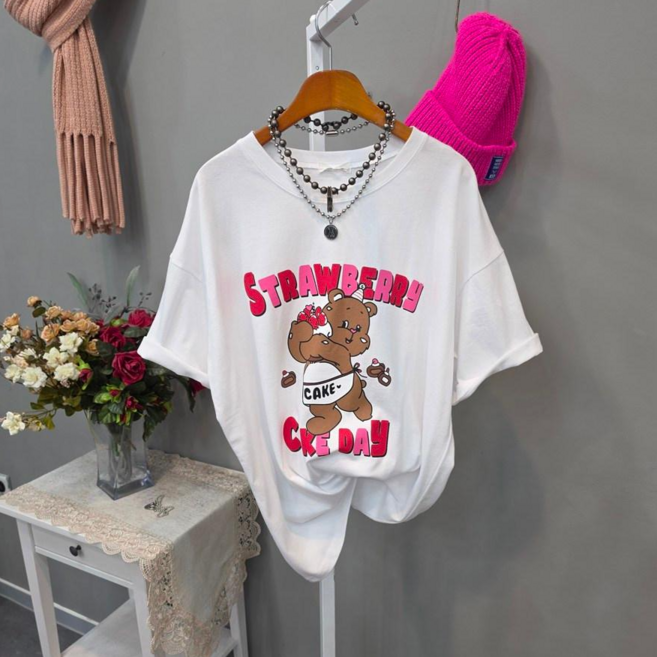 딸기 베어프린트 박스핏 반팔티