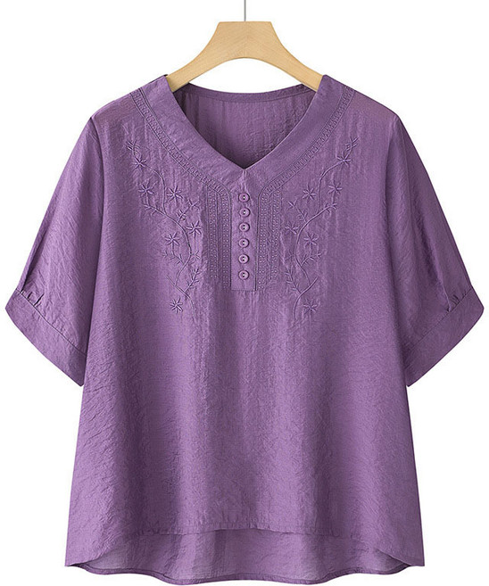 AOKADA 중년 여성 린넨 브이넥 오버핏 반팔 티셔츠 자수 면 마 엄마 여름 상의
