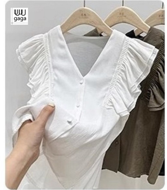 유유가가 여성 쉬폰 민소매 단추 블라우스 날개프릴 브이넥 슬리브리스 탑