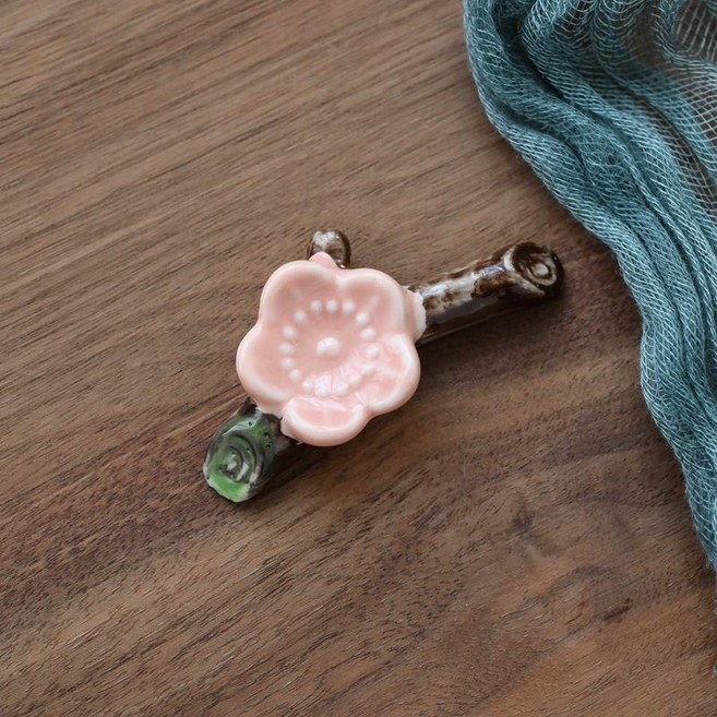 도자기 젓가락받침대 숟가락 받침대 매화 무늬 젓가락받침, 오렌지핑크 매화 가지 5개 F10