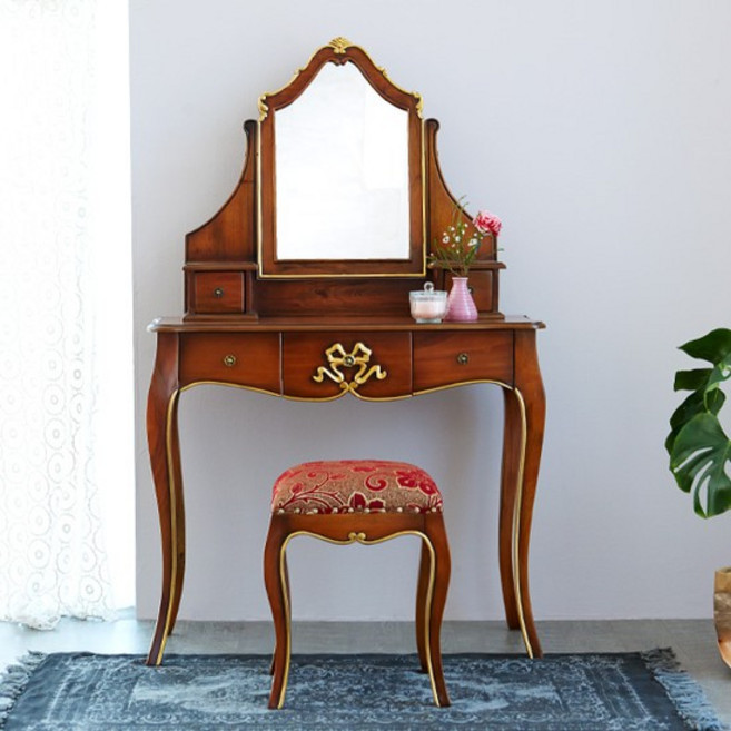 유캐슬 마호가니 원목 엔틱 쁘띠엘 콘솔 화장대세트, 스툴-화이트