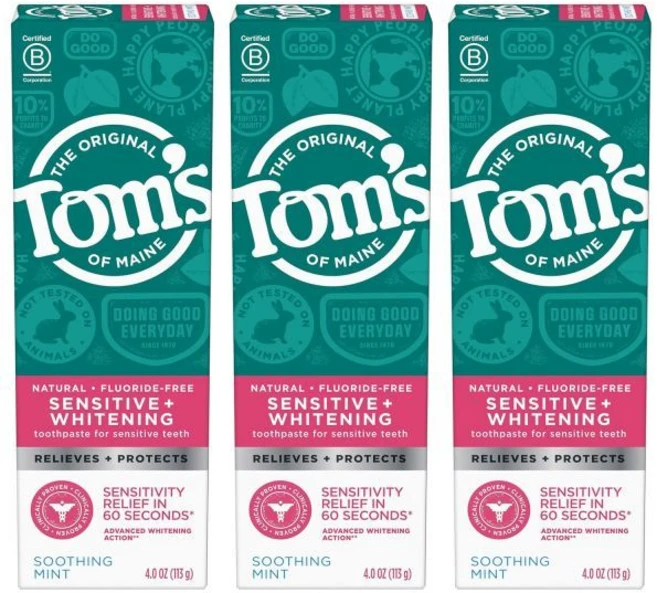 톰스 오브 메인 민감성 + 미백 무불소 치약 진정 민트 4.0온스 3개 묶음, 4 Ounce 3개, Sensitive + Whitening, Toothpaste, 113g - 쿠팡
