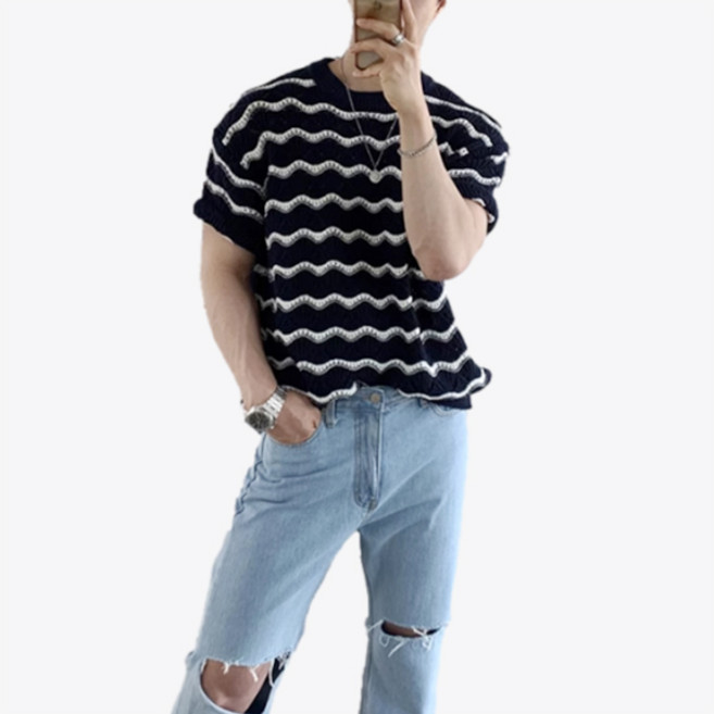 킹앤조이 바운더 물결 스트라이프 그물 반팔 니트