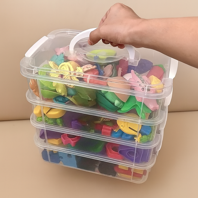 다용도 블록 부품 정리 4단 플라스틱 수납 박스 세트, 1개, 투명