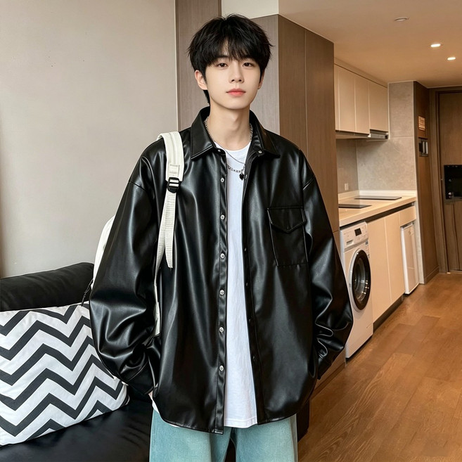 남성용 블랙 PU 레더 셔츠 자켓 오버핏 캐주얼 아우터