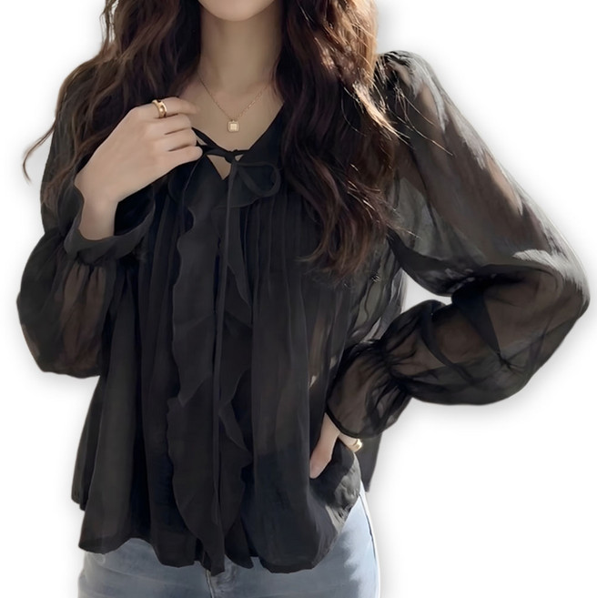 메리앤유 시스루 리본 타이 핀탁 러플 주름 블라우스