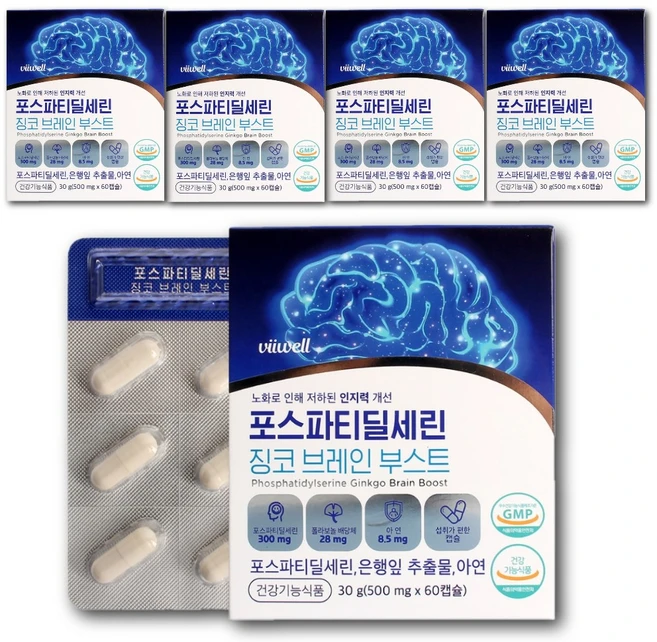 포스파티딜세린 효능 갱년기 두뇌 기억력 영양제 브레인 부스트 1000mg, 60정, 5통 - 쿠팡