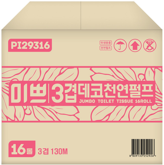 미쁘 3겹 데코 천연펄프 점보롤, 16롤, 1박스