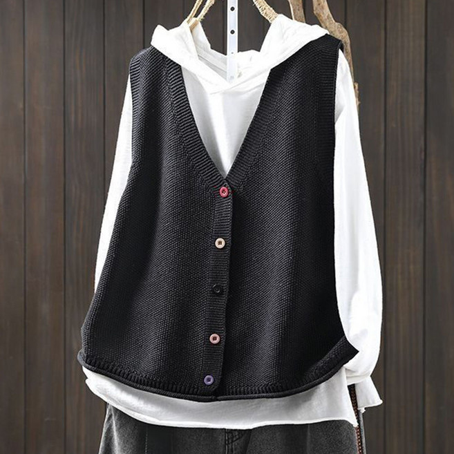 ROYALBELLE 여성 컬러 버튼 브이넥 루즈핏 빅사이즈 캐주얼 무소매 니트 베스트 V0121806