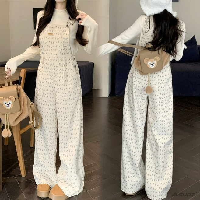 Asure 코듀로이 점프수트 루즈핏 플라워 멜빵바지