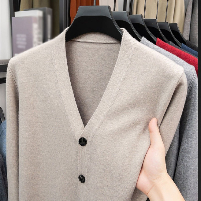 AOKADA 남성 봄 브이넥 베이직 니트 기본 가디건 얇은 단추 무지 단색 기팔 아우터