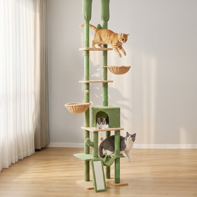 PAWZ Road 7단 대형 선인장 모양 플러시 패브릭 캣폴 천장 고정형 트윈 기둥 높이 조절 캣타워 216-285CM, 1개, 그린