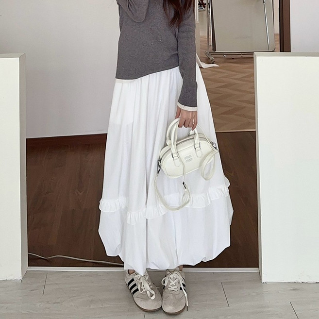 여성 프릴 A라인 벌룬 스커트 봄여름 밴딩 캐주얼 롱 스커트