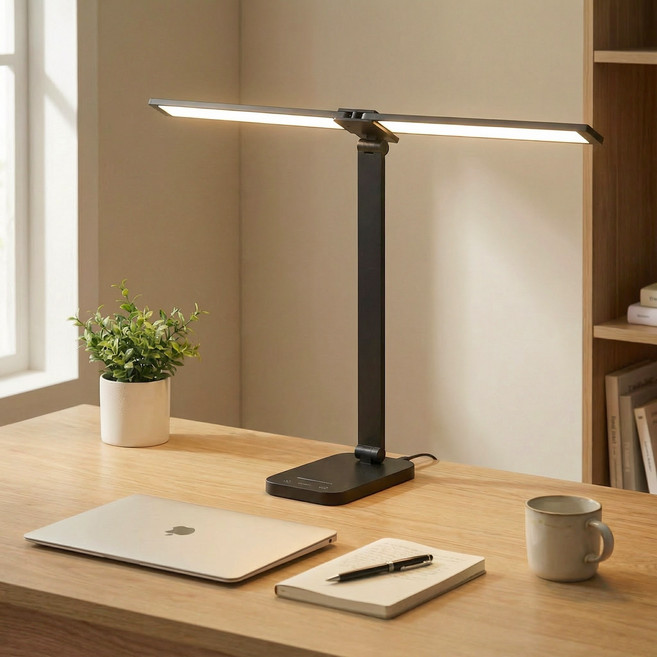 Airwit 듀얼 LED 스탠드 조명 시력보호 블루라이트 차단 와이드 조명 무단계 밝기조절 책상 사무실 학습용 사무용 독서용, 블랙