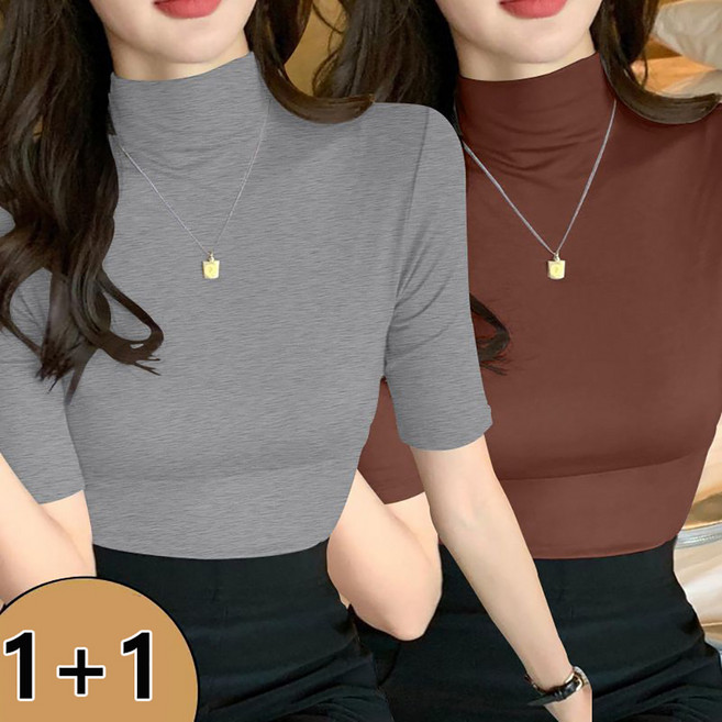 셀럽당1+1 여성반목 폴라 반팔 티셔츠봄 여름 패션슬림핏 이너 반팔티