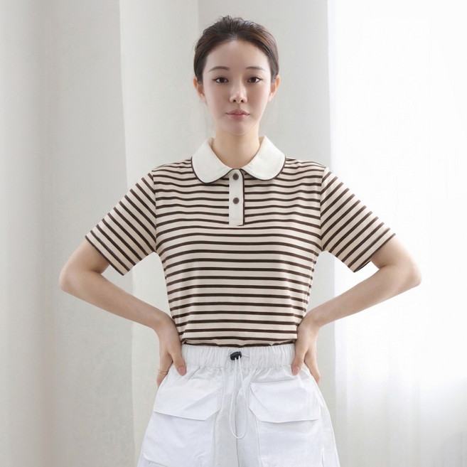 클레이스 미리 여성 골프웨어 스트라이프 PK 카라 반팔 티셔츠