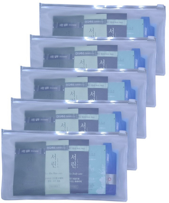 일회용 여행용 세트B 세면도구 1회용 비품 파우치 간편휴대 간편사용 샴푸 린스 바디 폼 칫솔 치약 샤워타올, 5개