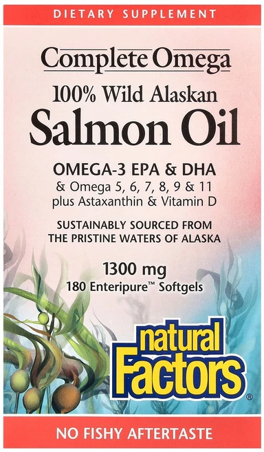 Natural Factors Complete Omega 100% 자연산 알래스카 연어 오일 1 300mg Enteripure 소프트젤 180정, 1개 - 쿠팡