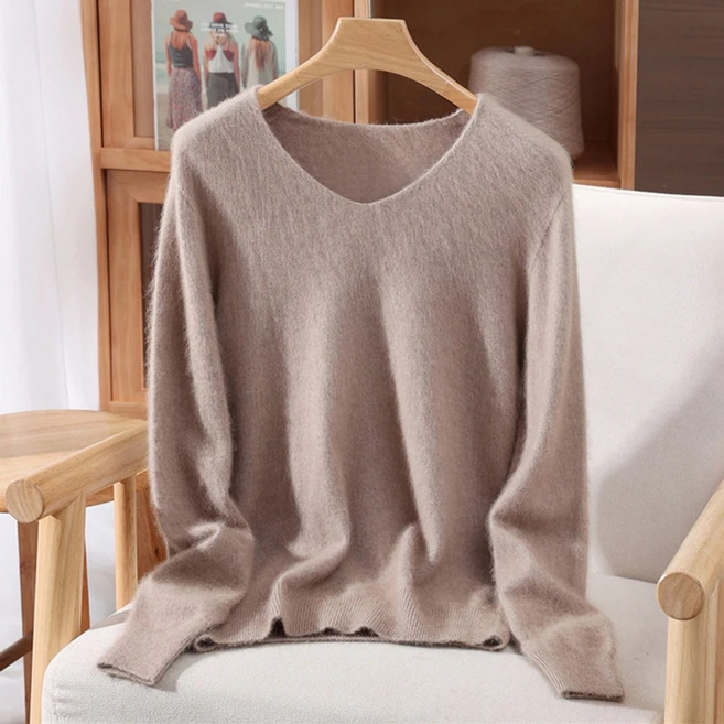 여성 밍크 캐시미어 100% 니트 스웨터 브이넥 풀오버 가을 겨울 보온 부드러운 베이직 데일리 오피스룩 5컬러 프리사이즈