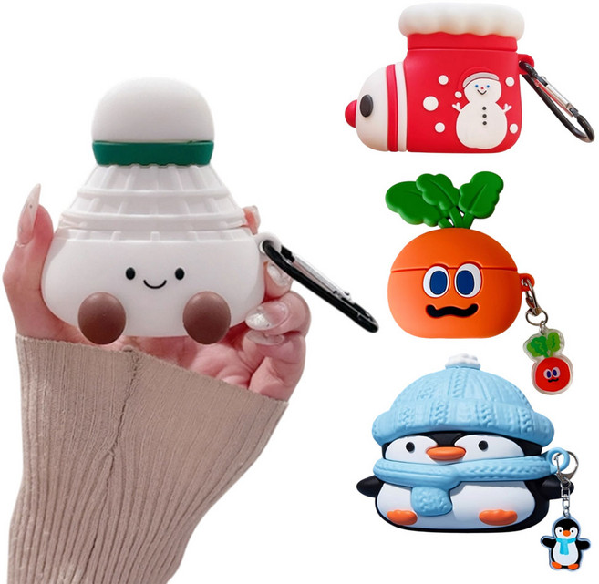 에어팟 4세대 3세대 2세대 1세대 프로 프로2 호환 귀여운 크리스마스 눈사람 양말 당근 펭귄 배트민턴 공 캐릭터 실리콘 케이스 고리 카라비너 키링 무선 이어폰 파우치, 양말눈사람 WAP1576, 에어팟3세대, 1개