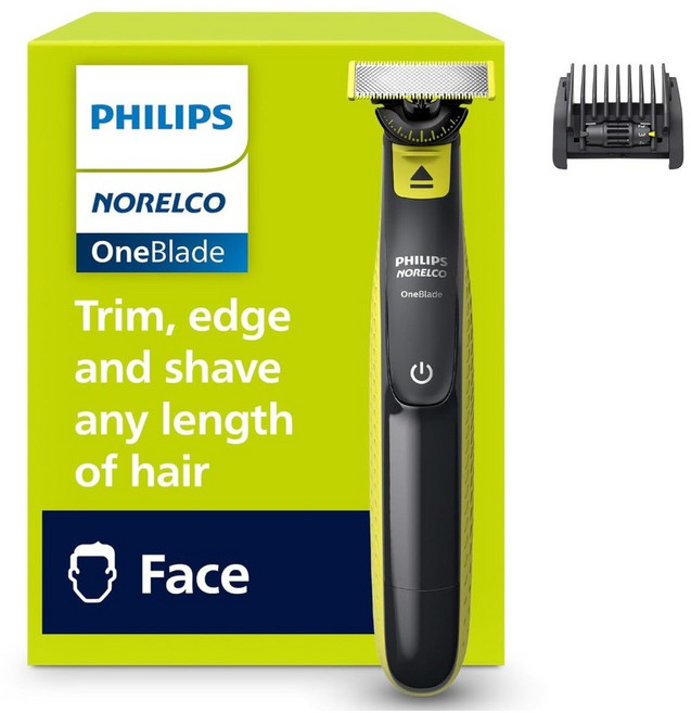 노렐코 원블레이드 360 하이브리드 페이스 전기 수염 트리머 및 면도기 블레이드 기술 페이스용 1x 블레이드 5in1 조절 가능한 빗 모델 QP2724/90, Black & Lime Green, OneBlade 360 Face Connected, 1개