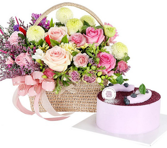 (당일배달) 사랑의향기 핑크라벤더 꽃바구니+블루베리케이크 ST-A1921 - 생일 기념일 꽃선물 전국당일배송 생화
