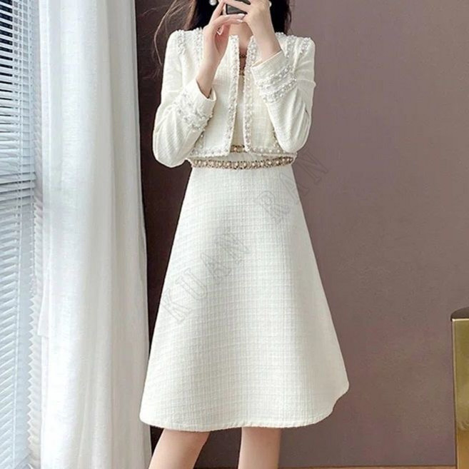 KUANRAN여성 쇼트 라운드 트위드 정장 코트 아우터 슬림 민소매 원 투피스 빅사이즈23N9F9