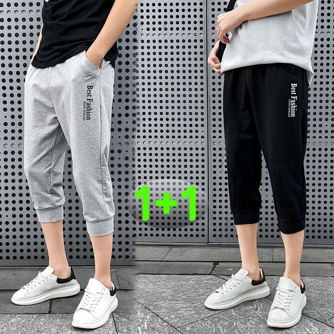 JUSTFEELING 1+1 남성 7부 운동바지 M-5XL 레터링 운동 조거팬츠 데일리 편안한 트레이닝바지 여름 스포츠 7부바지