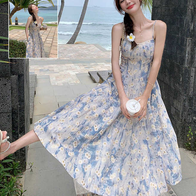 홍언목요 여성원피스 블루 유화 플라워 나시 원피스 휴양지룩 바캉스 비치웨어 롱 원피스