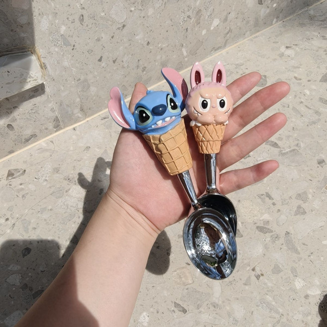 可愛卡通冰淇淋勺子 套裝, 1個, 史迪仔+拉布布勺子两件套