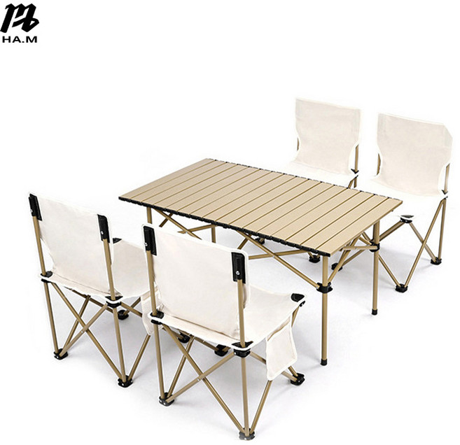HA.M 캠핑용 두랄루민 접이식 테이블 여행 경량 폴딩 휴대용 롤테이블+의자 세트, 4인테이블세트(6인사용가능큰싸이즈)