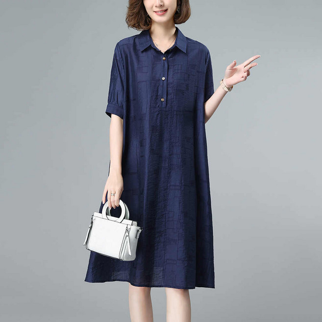 여성용 빅사이즈 중년 루즈핏 반팔 일반 칼라 미디 셔츠 원피스