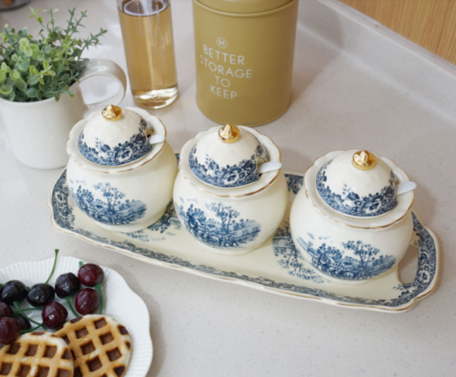 허니상점 명화 양념통 4P세트 스푼포함 고급스런 앤틱 엔틱 도자기 보관 용기 집들이 선물, 1개