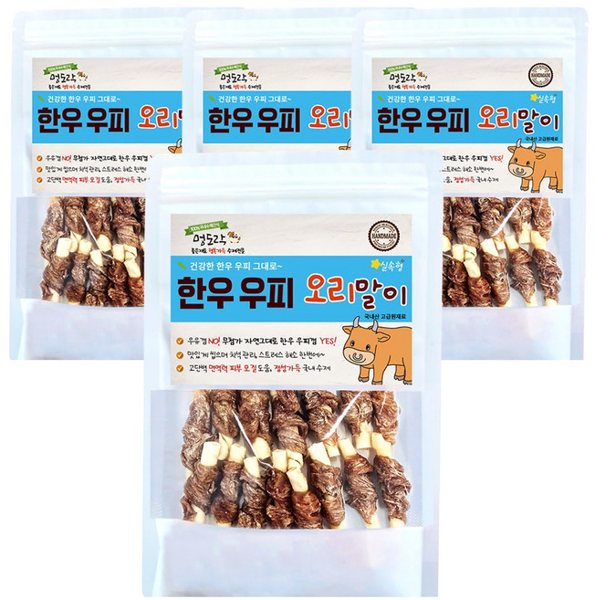 멍도락 한우우피스틱 100% 한우껌 오래먹는 강아지껌 국내산 수제간식, 한우우피 오리말이, 90g, 3개
