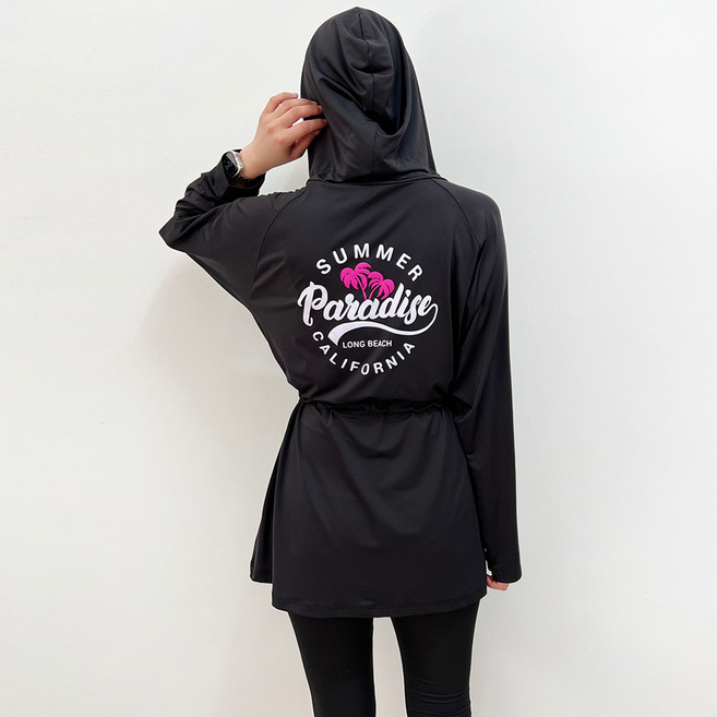 파라다이스 롱비치 후드 긴팔 래쉬가드 집업 힙커버 원피스기장 체형커버 빅사이즈, 블랙, Free(55-99)